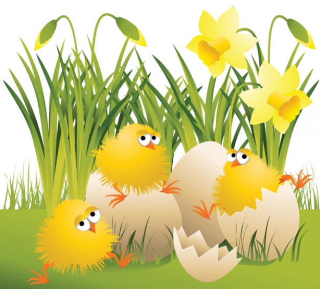 cartoon yellow chicks breaking egg shell before grass