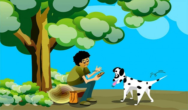 hungry dog in front of boy with nature background