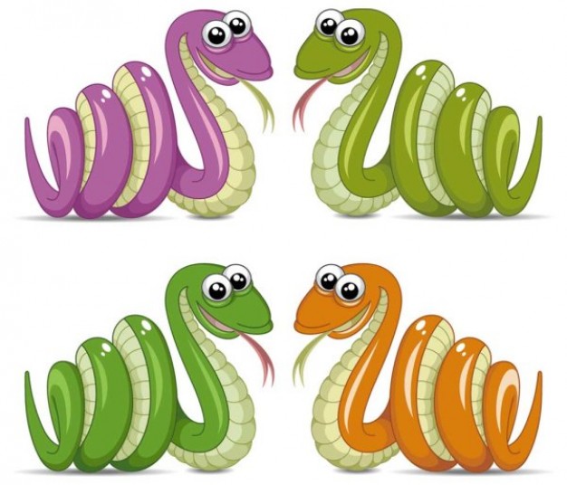 cute cartoon rolled snake side view in many colors