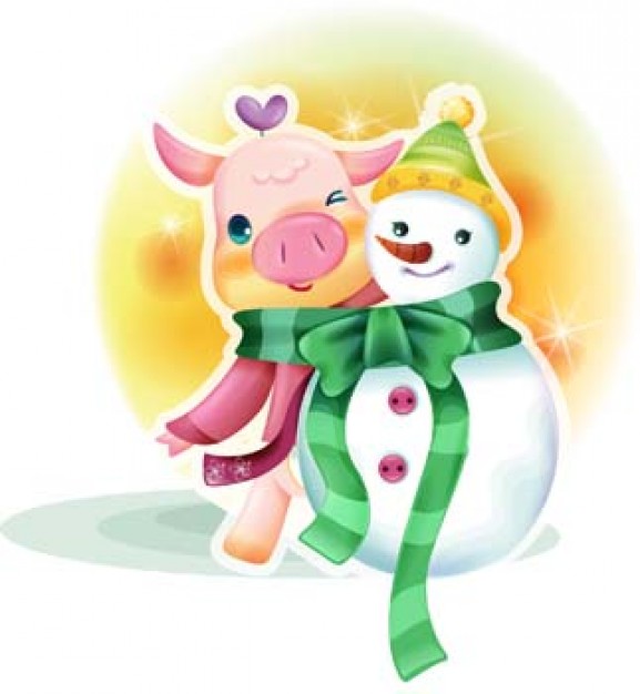 cute pig and snowman with ribbon for Christmas card