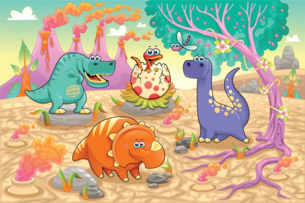 dinosaurs and tree of Jurassic Period with volcanoes at background