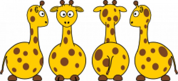 four yellow cartoon giraffes in front back and side views