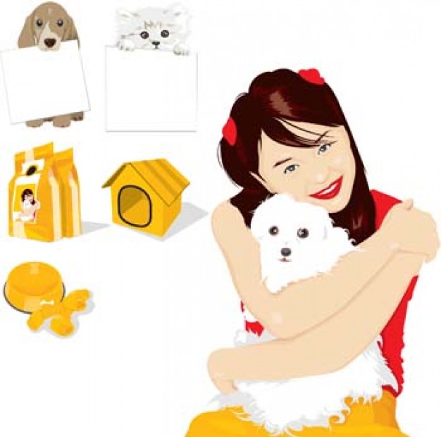 girl and dog with animal house and cat