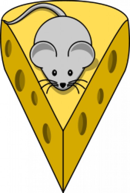gray cartoon mouse on top of a yellow cheese with holes