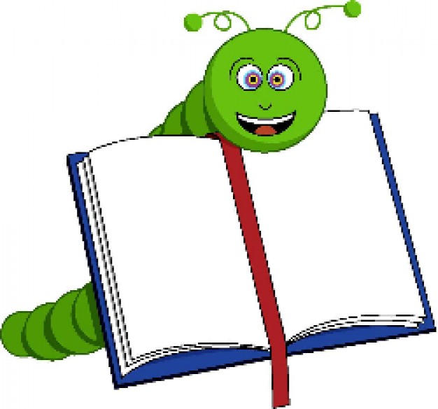 green bookworm smiling on opening book with bookmark