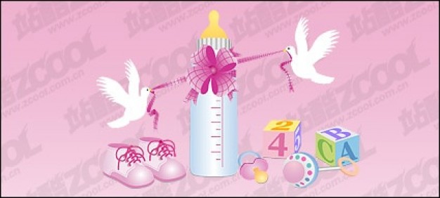 feeding bottle with doves around and toys