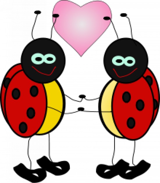 lady bugs standing and holding up a pink heart
