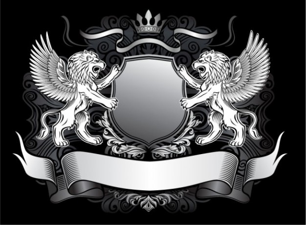 lion shield with ribbon and crown over dark background