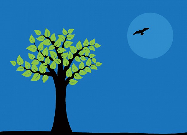 night tree with bird flying over moon