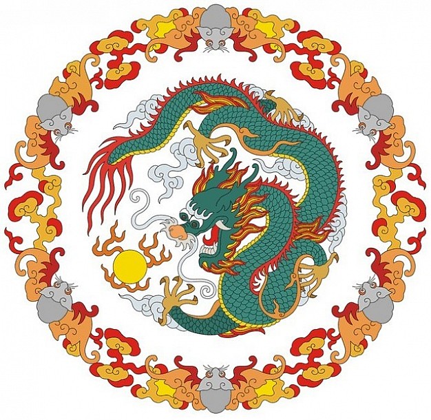Ornament with dragon in middle arrounded fires