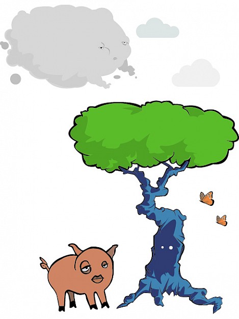 pig under tree over black cloud background