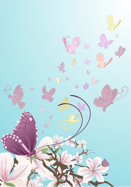 purple butterflies and flowers over blue background