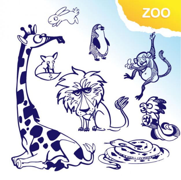 zoo animals sketches with giraffe monkey lion