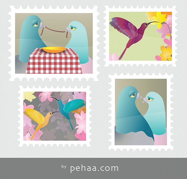 stamps with bird and flower for love