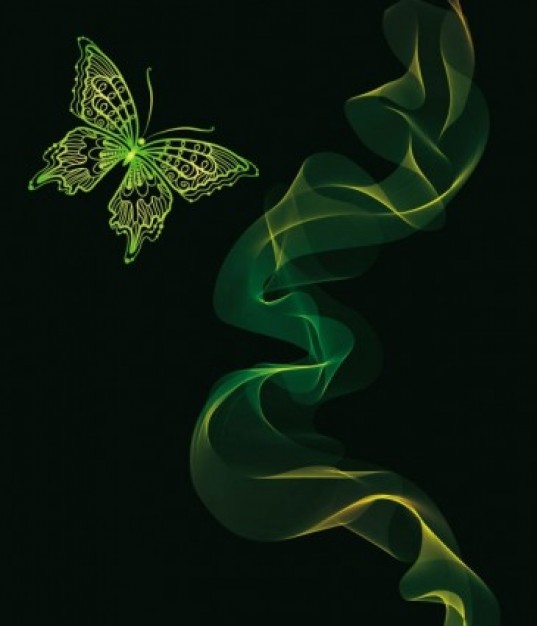 bright green butterfly and ribbon with Black background