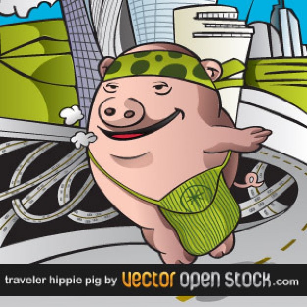 cute hippie fat pig with green bag traveling the world