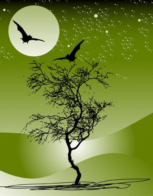 070 nature landscape of night with moon tree green sky star