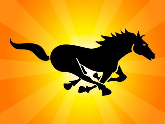 Black running horse logo with golden radiant background