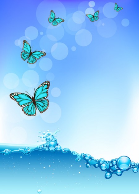 sky blue Butterfly flying on water wave with bokeh Vector