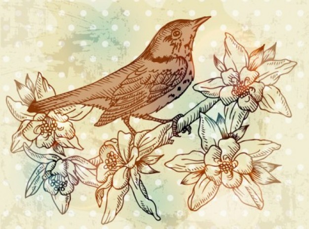 Autumn bird with flower art background vector set