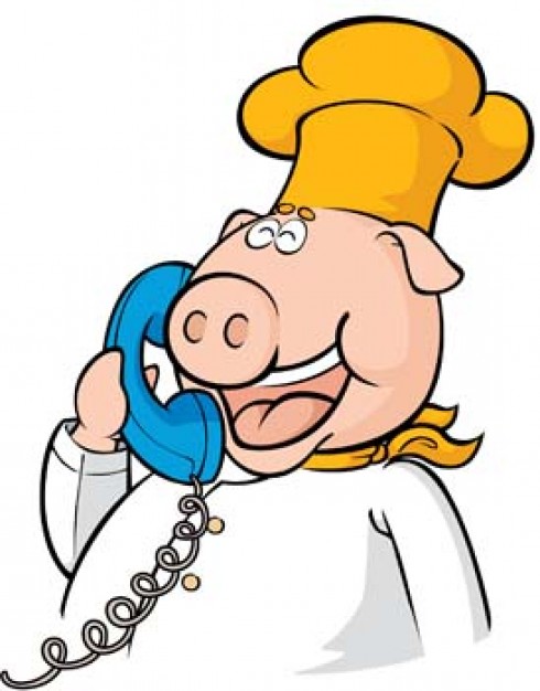Pig with yellow hat answering the phone