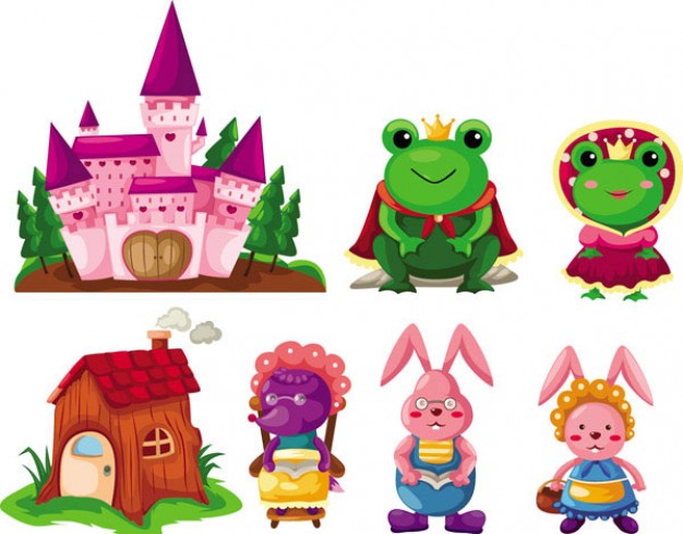 lovable Cartoon fairy-tale image including castle rabbit frog