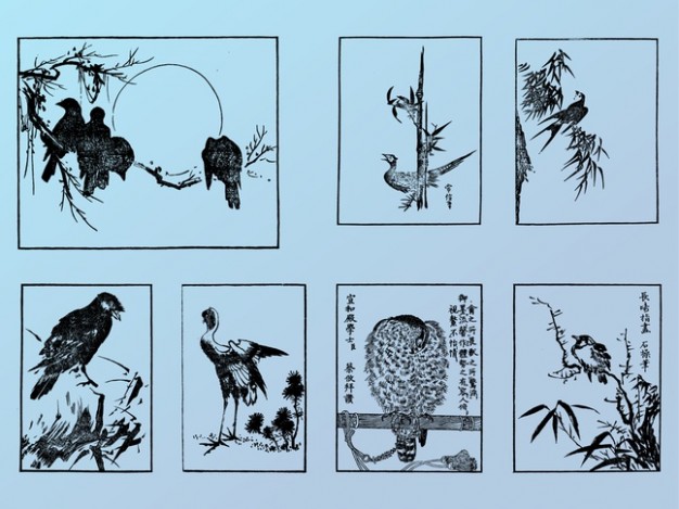 Chinese engravings hieroglyphs birds set