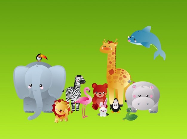 Colorful cartoon animals characters with green background