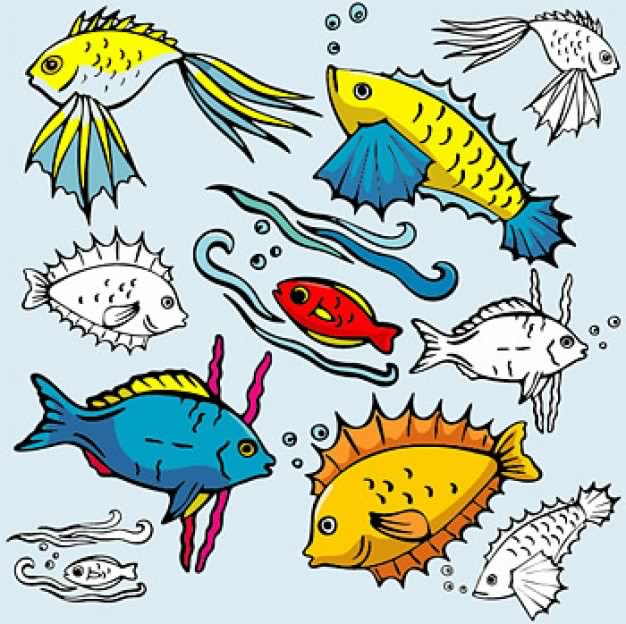 variety of cartoon fish material with blue background