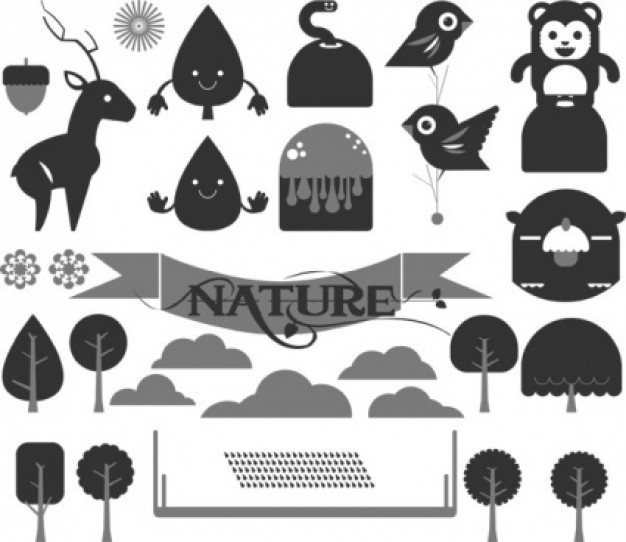 Abstract nature elements in solid gray like bird deer