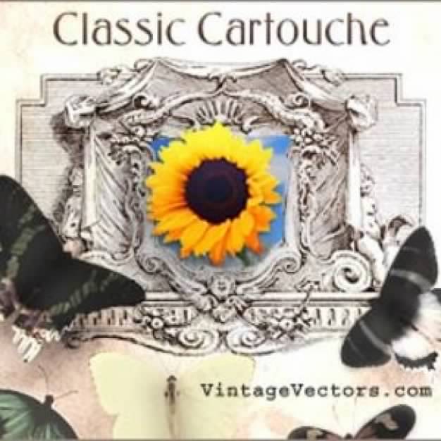 Vintage Cartouche with sunflower and butterfly
