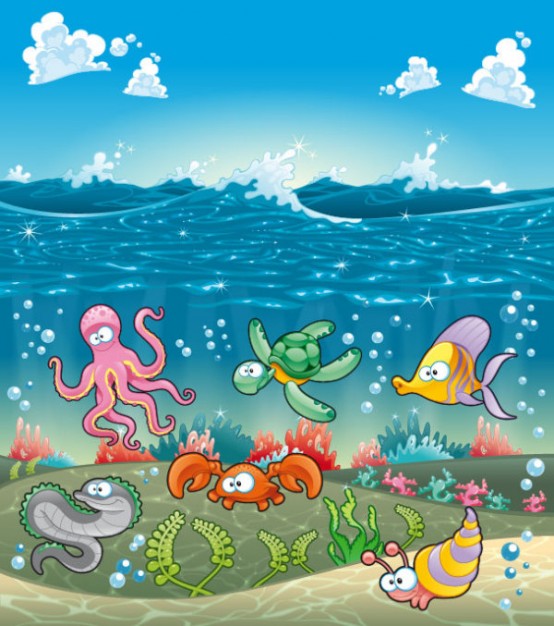cartoon marine animals vector with sea landscape