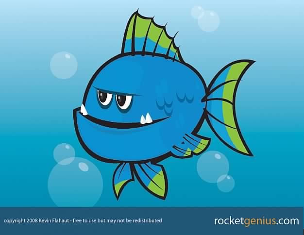 A simple blue cartoon fish over blue water and bubbles