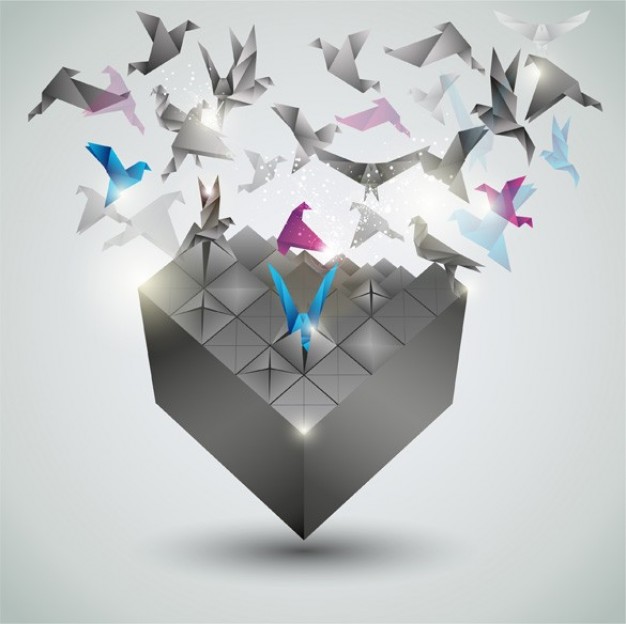 Flying paper cranes out of the origami cube with gray background