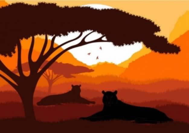 African animal silhouette pattern with leopard and sunburst