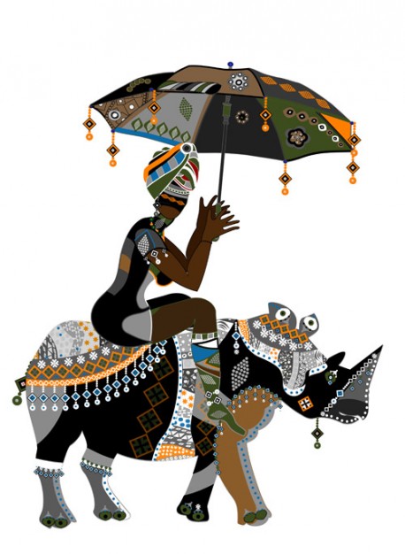 African girl riding bull with umbrella Illustration