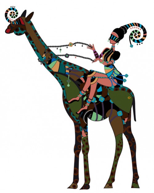 African girl riding giraffe Illustration clip art