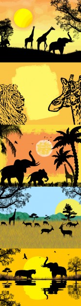 African landscape for safari including giraffe tree sunset elephants