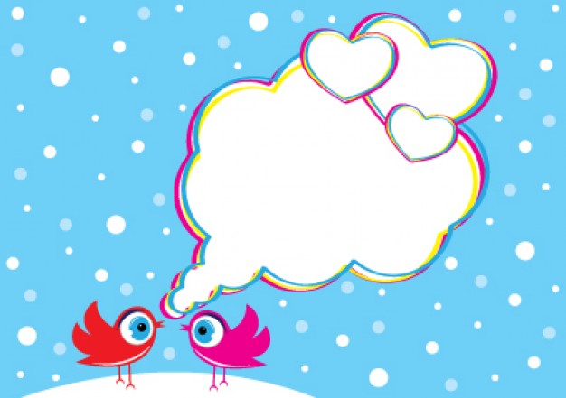 birds in love with big eyes and speech cloud in snowy day