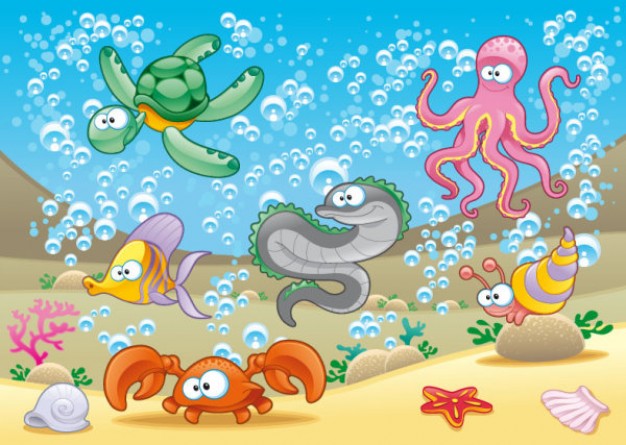 marine animals surrounded of bubbles in undersea background
