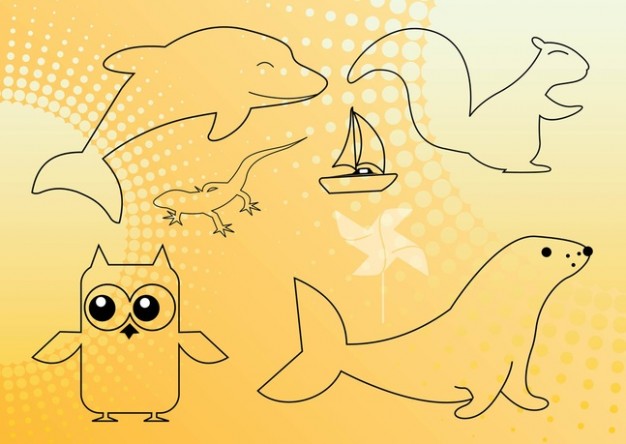 Animals owl dolphin squirrel seal ship Outline Graphics over yellow background