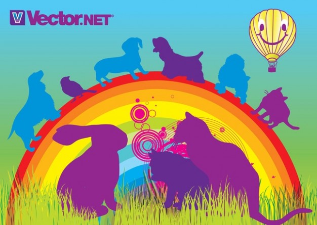 animals silhouettes on a rainbow and on grass with hot ball