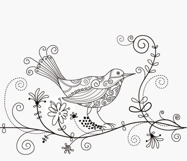 black bird vector with floral line-like flower background
