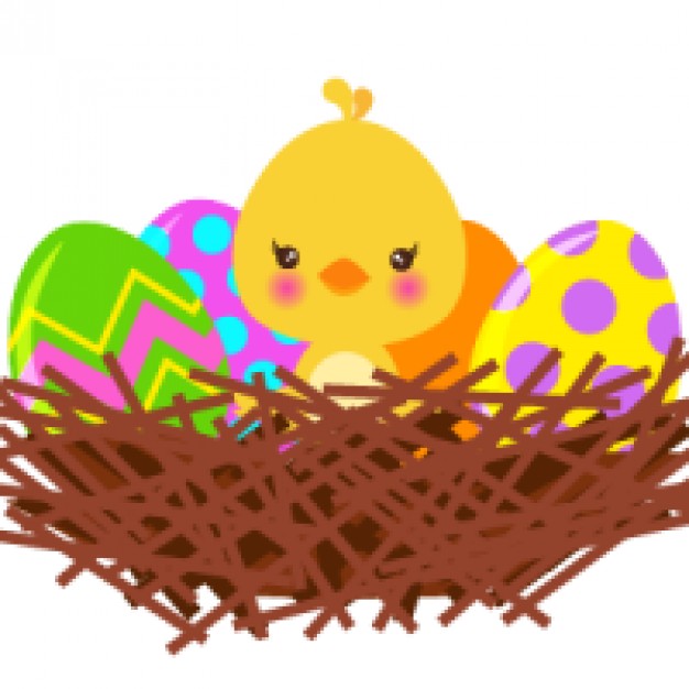Colorful easter eggs with cute chick in net
