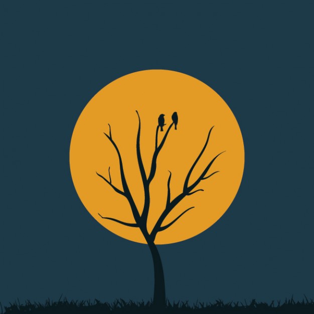 bald tree with yellow moon background