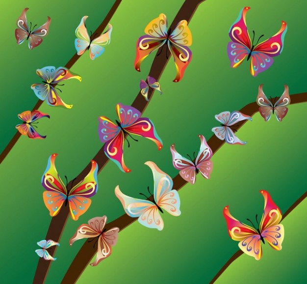 Beautiful Butterflies stopping on branch over green background