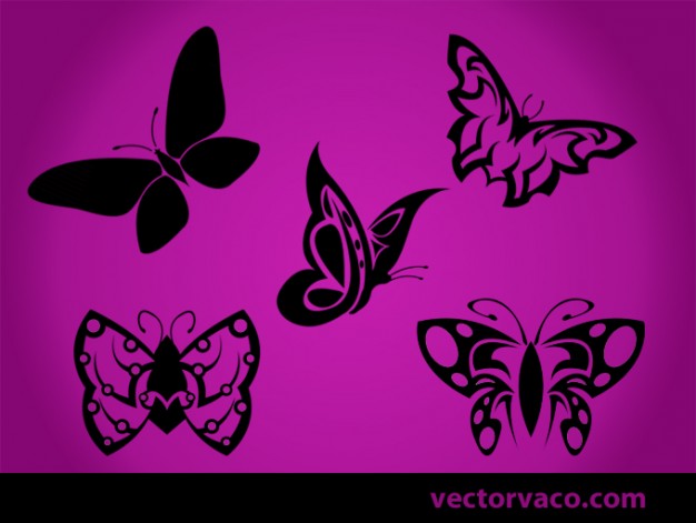 Beautiful Tribal Black Butterflies Silhouettes over purple background
