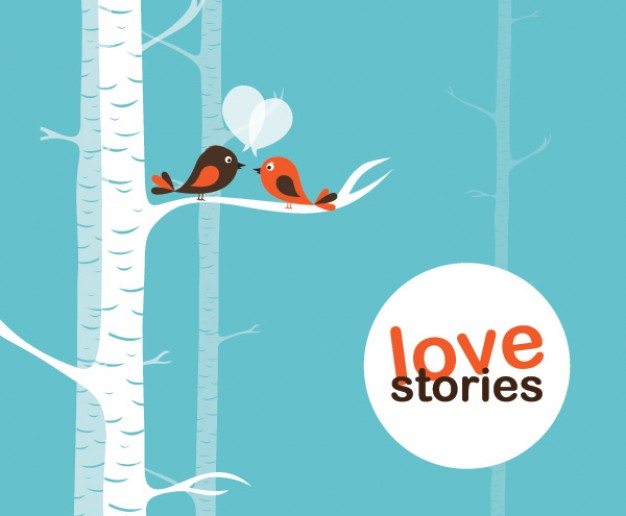 Love couple birds Stories with tree and blue background