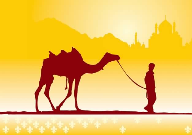 Boy and camel over Sand and yellow castle background