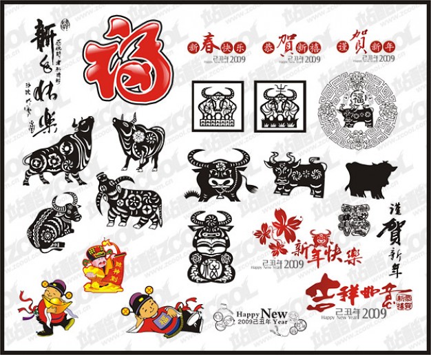 bull papercut stamp of Chinese New Year elements package Vector material